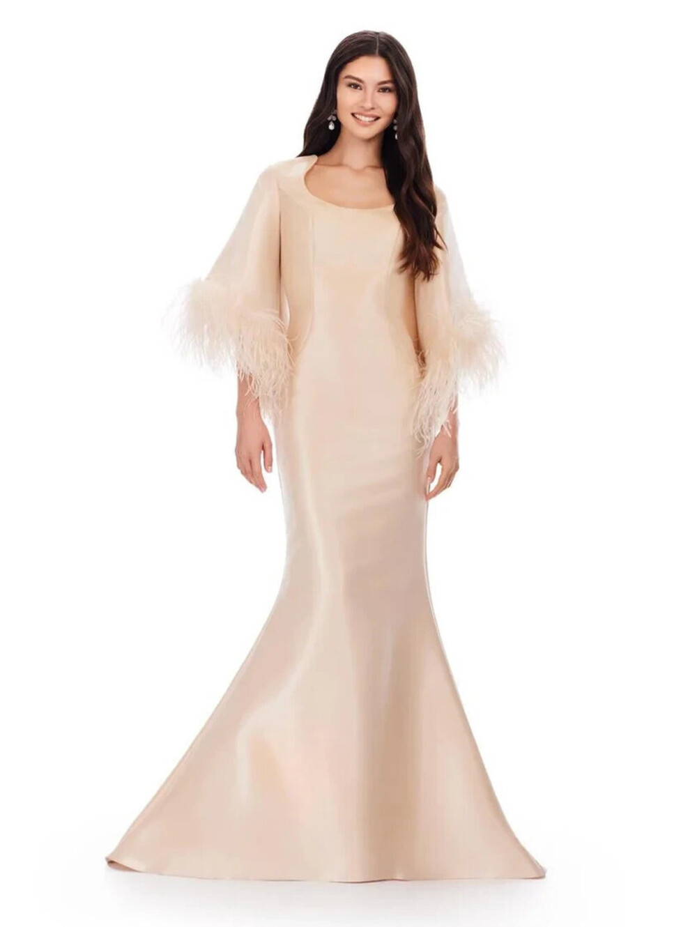 Ashley Lauren Rose Gold Gown Feather Long Sleeves Mermaid Champagne Modest sz 18
